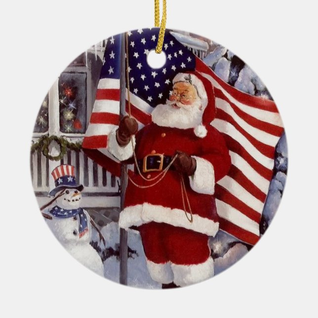 Santa Claus Holding American Flag Ceramic Tree Decoration (Front)