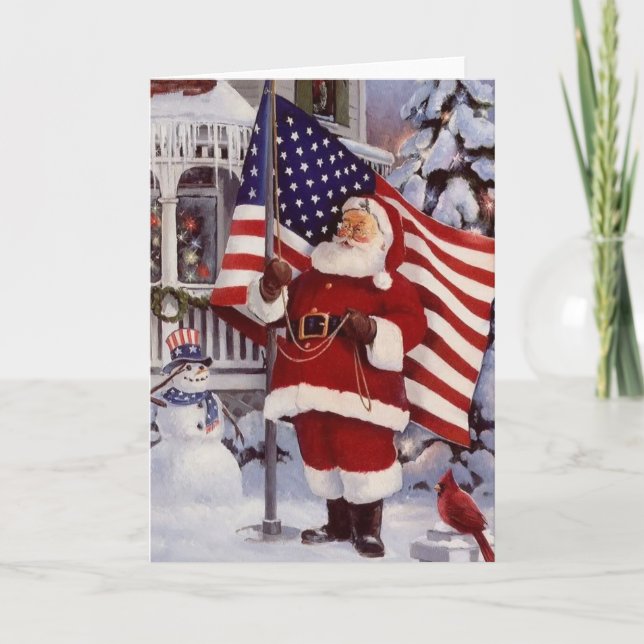Santa Claus Holding American Flag Holiday Card (Front)