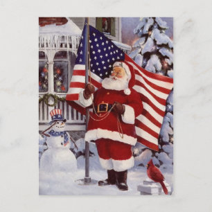 Santa Claus Holding American Flag Holiday Postcard