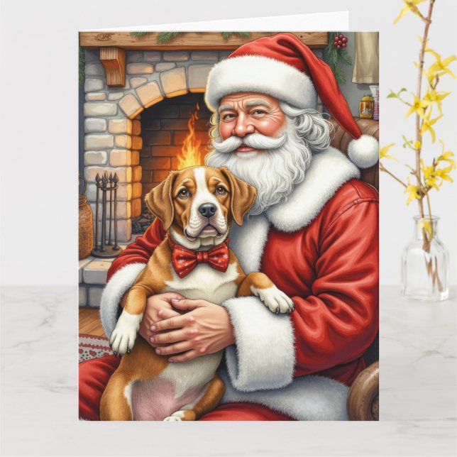 Santa Claus Holding American Staffordshire Terrier Card (Yellow Flower)