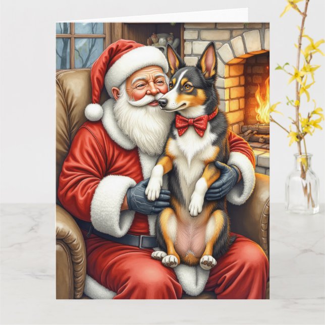 Santa Claus Holding Australian Kelpie Christmas  Card (Yellow Flower)