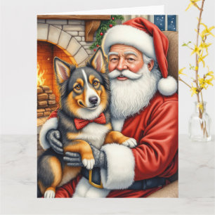 Santa Claus Holding Australian Shepherd Christmas Card