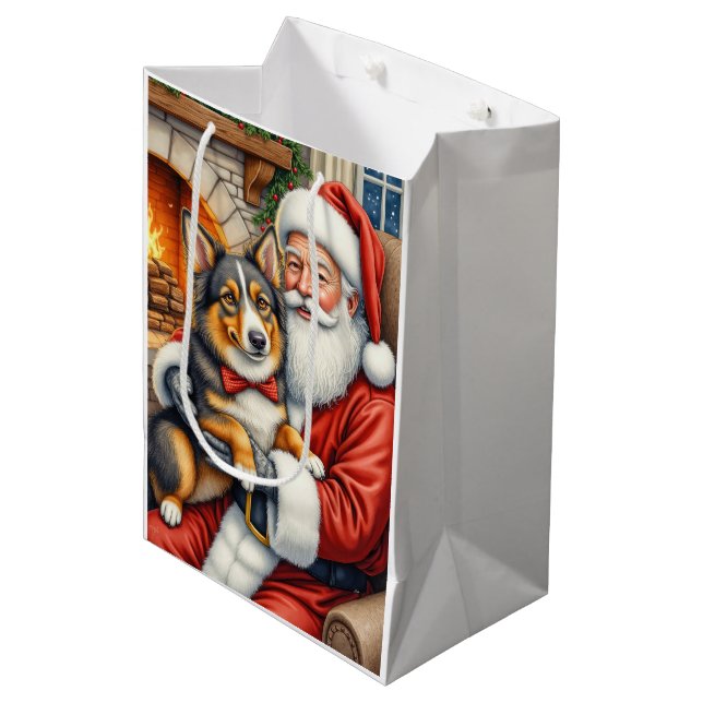 Santa Claus Holding Australian Shepherd Christmas  Medium Gift Bag (Front Angled)