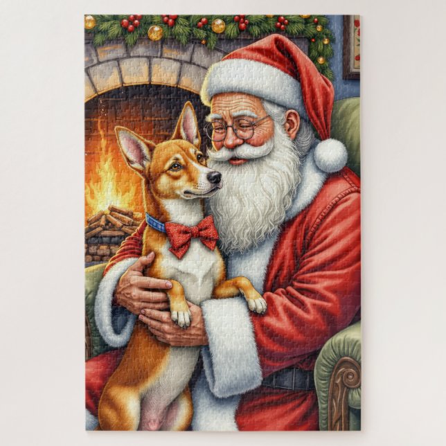 Santa Claus Holding Basenji Christmas Art Jigsaw Puzzle (Vertical)