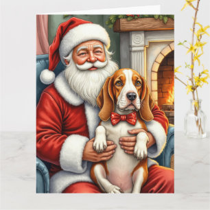 Santa Claus Holding Basset Hound Christmas Art Card