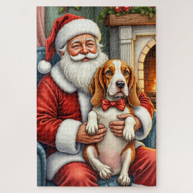 Santa Claus Holding Basset Hound Christmas Art Jigsaw Puzzle (Vertical)