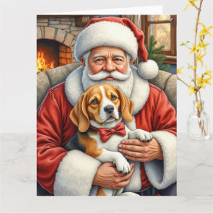 Santa Claus Holding Beagle Christmas Art Card