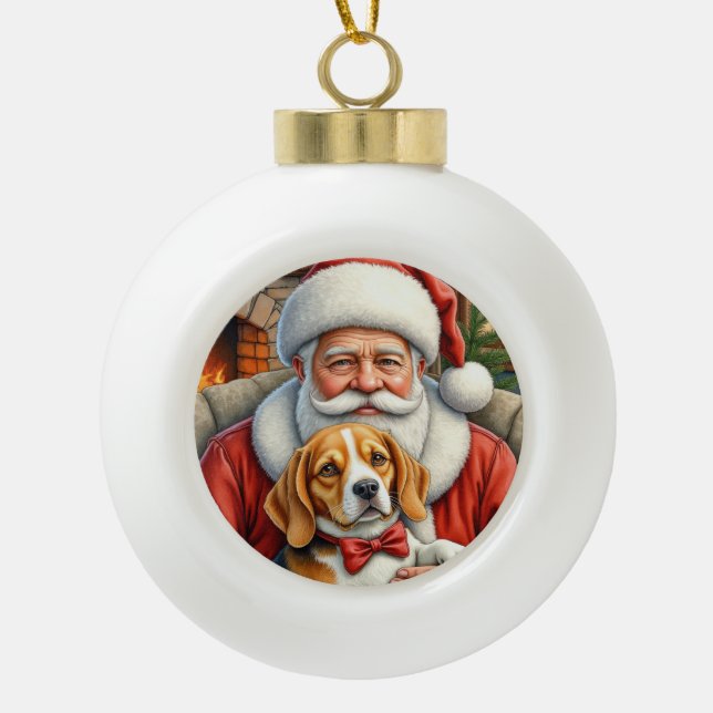 Santa Claus Holding Beagle Christmas Art Ceramic Ball Christmas Ornament (Front)