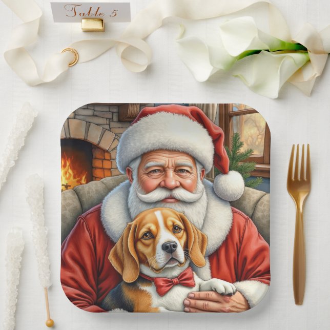 Santa Claus Holding Beagle Christmas Art Paper Plate (Wedding)
