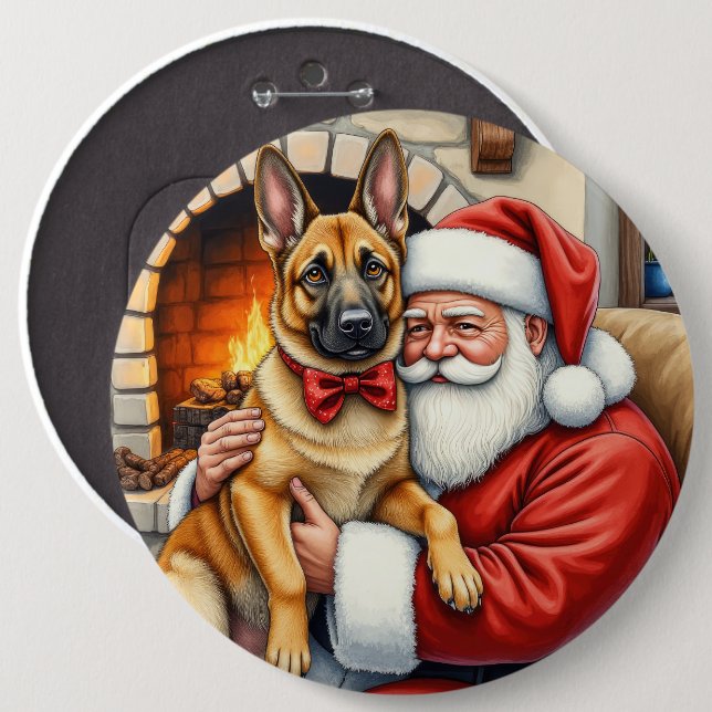 Santa Claus Holding Belgian Malinois Christmas Art 6 Cm Round Badge (Front & Back)