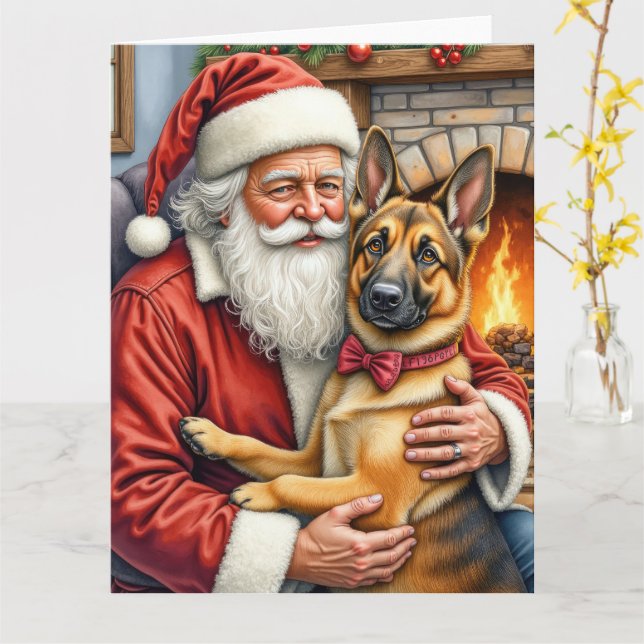 Santa Claus Holding Belgian Shepherd Christmas Art Card (Yellow Flower)