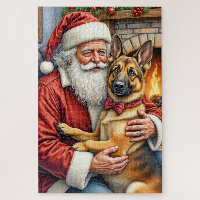 Santa Claus Holding Belgian Shepherd Christmas Art Jigsaw Puzzle (Vertical)
