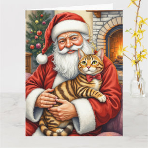 Santa Claus Holding Bengal Cat Christmas Art Card