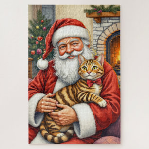 Santa Claus Holding Bengal Cat Christmas Art Jigsaw Puzzle
