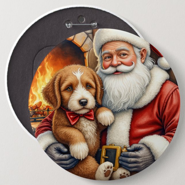 Santa Claus Holding Bernedoodle Christmas Art 6 Cm Round Badge (Front & Back)