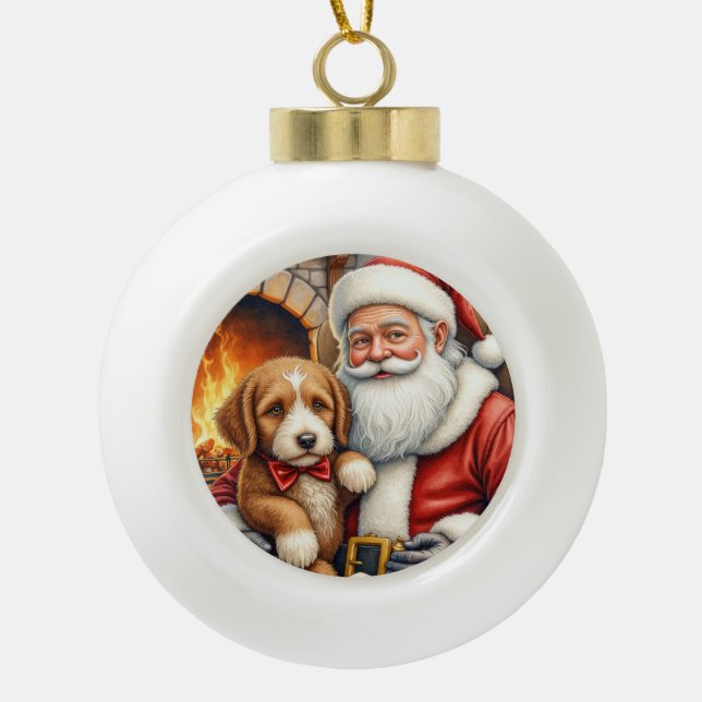 Santa Claus Holding Bernedoodle Christmas Art Ceramic Ball Christmas Ornament (Front)