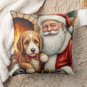 Santa Claus Holding Bernedoodle Christmas Art Cushion