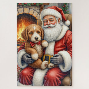 Santa Claus Holding Bernedoodle Christmas Art Jigsaw Puzzle