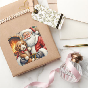 Santa Claus Holding Bernedoodle Christmas Art Square Sticker