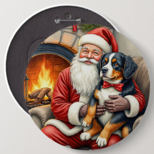 Santa Claus Holding Bernese Mountain Dog Christmas 6 Cm Round Badge