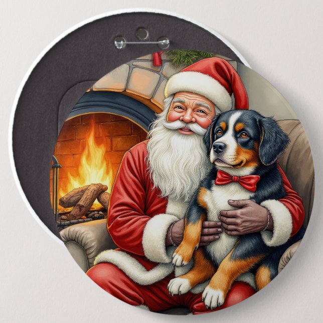 Santa Claus Holding Bernese Mountain Dog Christmas 6 Cm Round Badge (Front & Back)