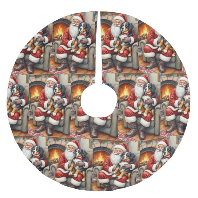 Santa Claus Holding Bernese Mountain Dog Christmas Brushed Polyester Tree Skirt (Front)