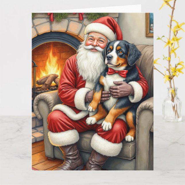 Santa Claus Holding Bernese Mountain Dog Christmas Card (Yellow Flower)