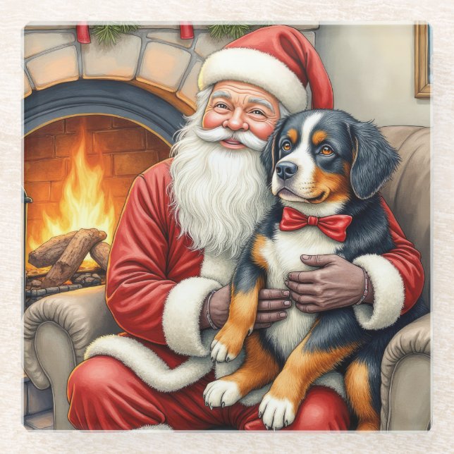 Santa Claus Holding Bernese Mountain Dog Christmas Glass Coaster (Front)