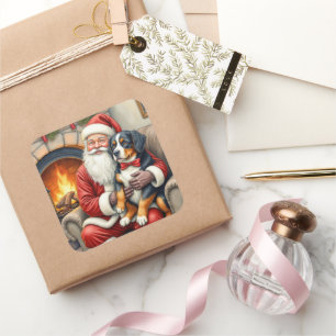 Santa Claus Holding Bernese Mountain Dog Christmas Square Sticker