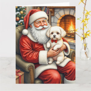 Santa Claus Holding Bichon Frise Christmas Art Card