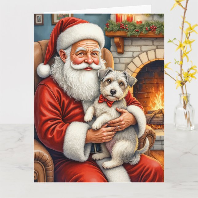 Santa Claus Holding Biewer Terrier Christmas Art Card (Yellow Flower)