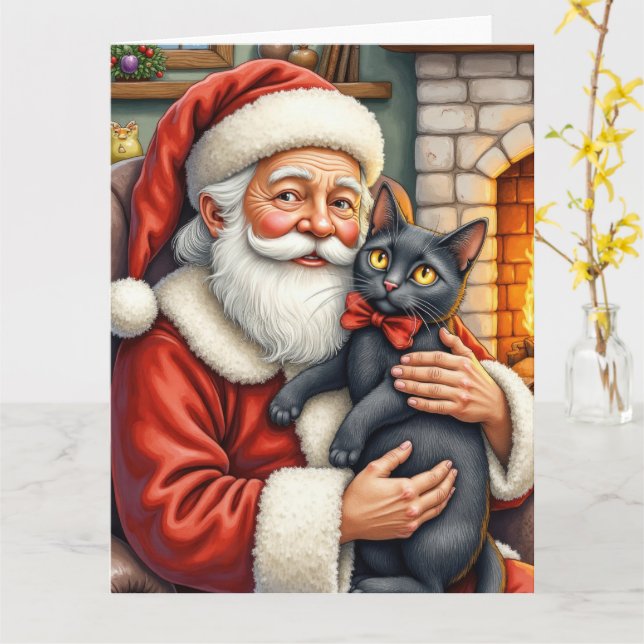 Santa Claus Holding Black Cat Christmas Art Card (Yellow Flower)