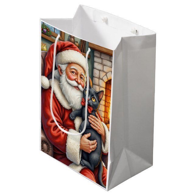 Santa Claus Holding Black Cat Christmas Art Medium Gift Bag (Front Angled)