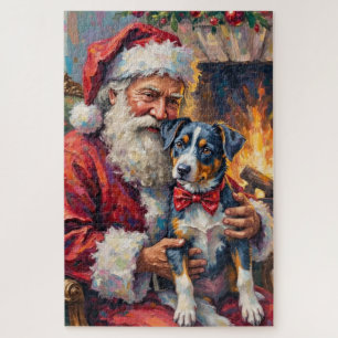 Santa Claus Holding Blue Heeler Christmas Art Jigsaw Puzzle