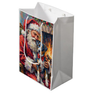 Santa Claus Holding Blue Heeler Christmas Art Medium Gift Bag