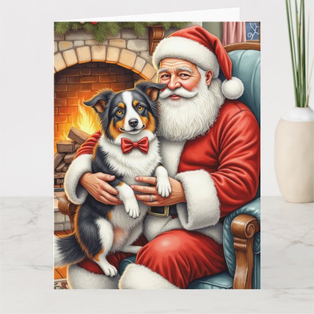 Santa Claus Holding Border Collie Christmas Art Card (Front)