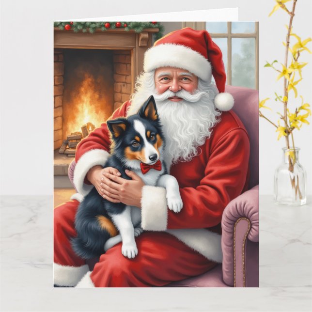 Santa Claus Holding Border Collie Christmas Art Card (Yellow Flower)