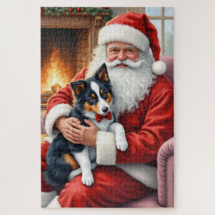 Santa Claus Holding Border Collie Christmas Art Jigsaw Puzzle