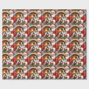 Santa Claus Holding Border Collie Christmas Art Wrapping Paper