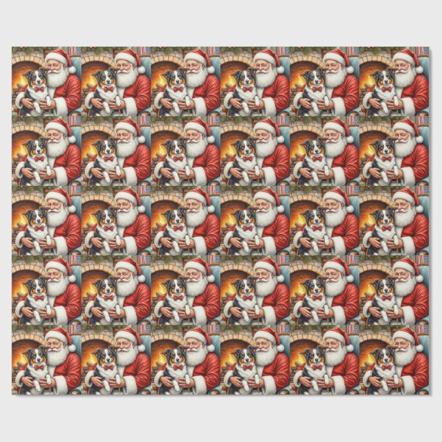 Santa Claus Holding Border Collie Christmas Art Wrapping Paper (Flat)