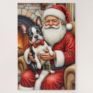 Santa Claus Holding Boston Terrier Christmas Art Jigsaw Puzzle