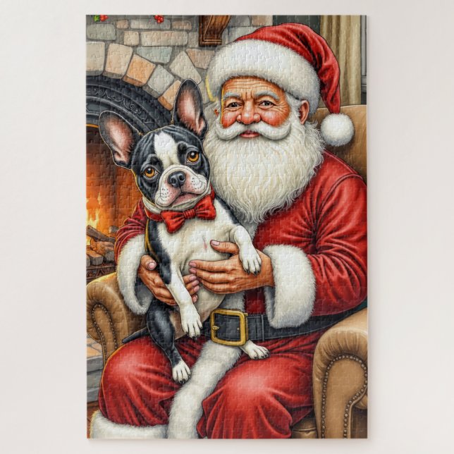 Santa Claus Holding Boston Terrier Christmas Art Jigsaw Puzzle (Vertical)