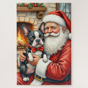 Santa Claus Holding Boston Terrier Christmas Art Jigsaw Puzzle