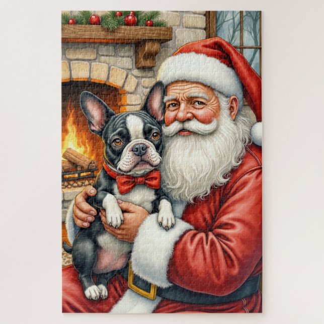 Santa Claus Holding Boston Terrier Christmas Art Jigsaw Puzzle (Vertical)