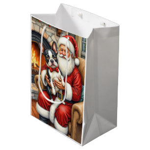 Santa Claus Holding Boston Terrier Christmas Art Medium Gift Bag
