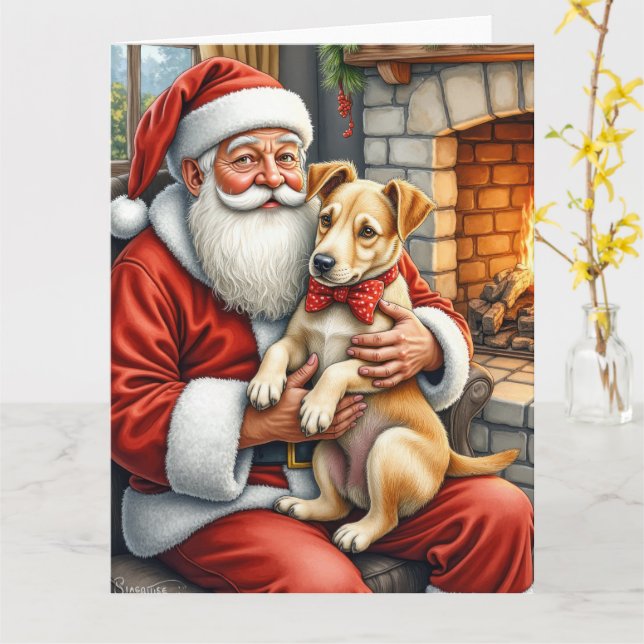 Santa Claus Holding Bouvier des Flandres Christmas Card (Yellow Flower)
