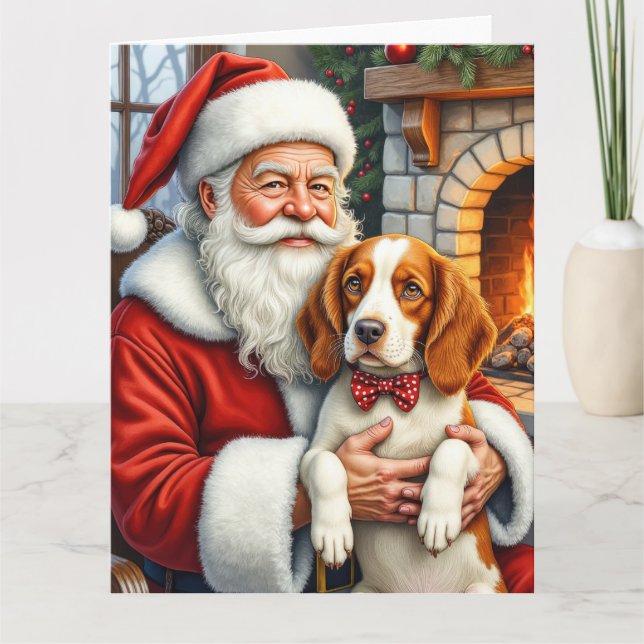 Santa Claus Holding Brittany Spaniel Christmas Art Card (Front)