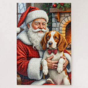 Santa Claus Holding Brittany Spaniel Christmas Art Jigsaw Puzzle