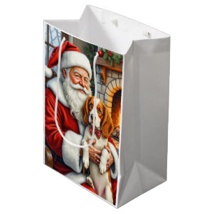 Santa Claus Holding Brittany Spaniel Christmas Art Medium Gift Bag
