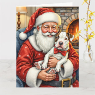 Santa Claus Holding Bull Terrier Christmas Art Card
